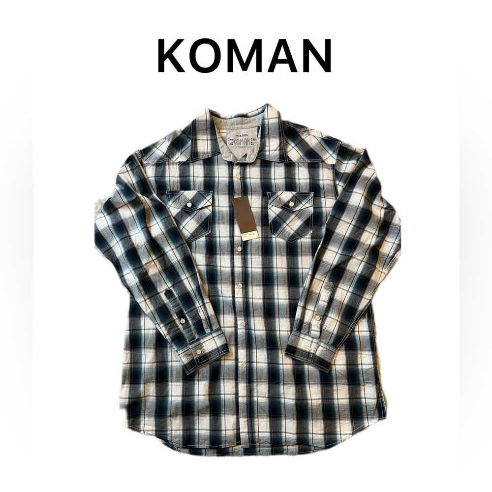 NWT Men’s KOMAN Long Sleeve Plaid Button Up 2XL